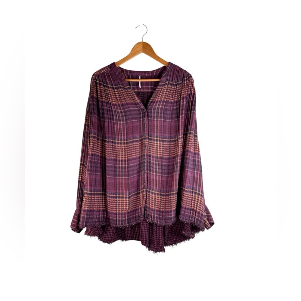 Free People Come On Over Oversized Plaid Tunic Shirt Rayon Cotton Blend Size M